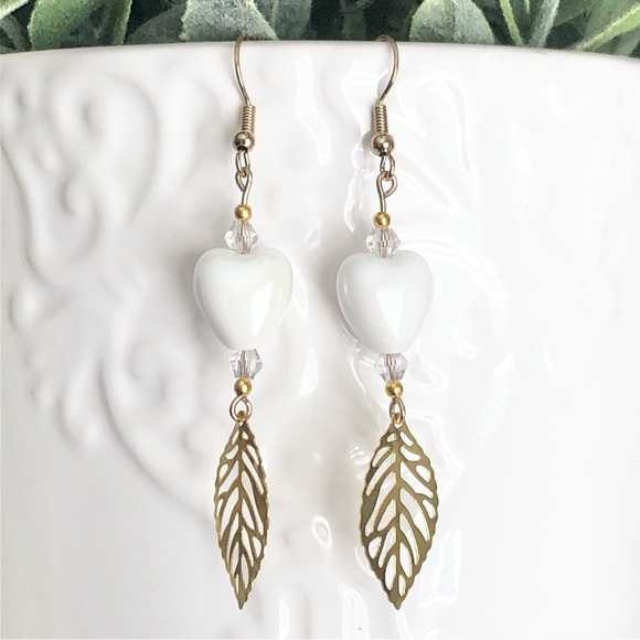 New White Ceramic Heart Glass Crystal Beaded Dangling Earrings Handmade Unique - Picture 1 of 9